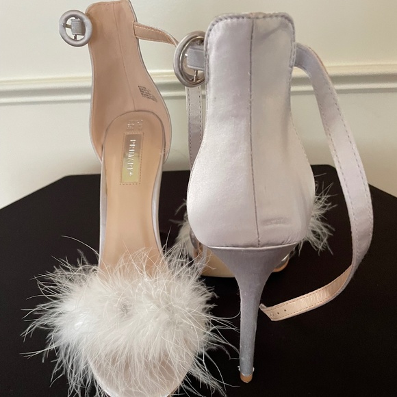 Primark Silver Satin Fluffy Feather fur Sandal Heels US10 - Picture 2 of 10